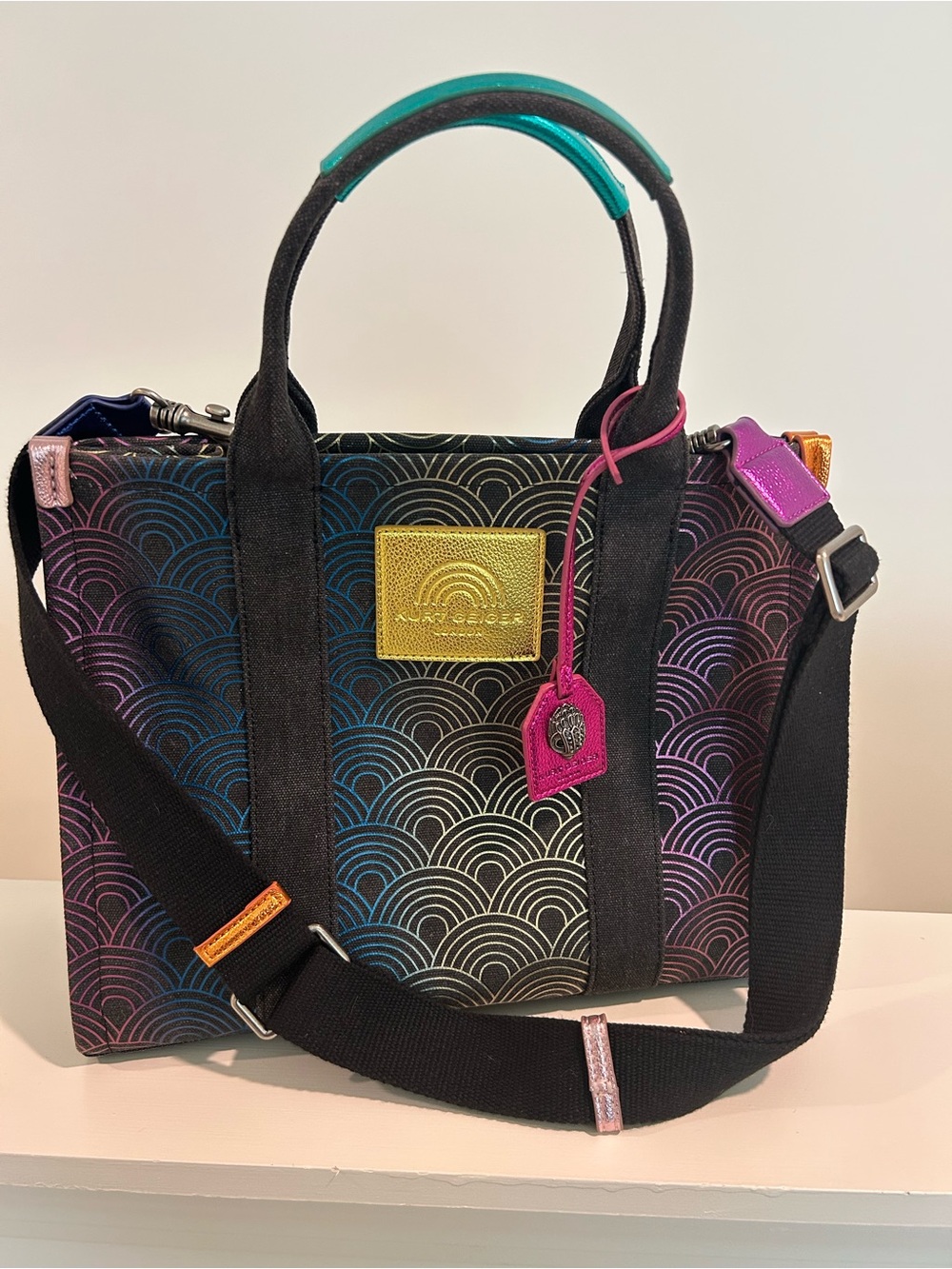 New Kurt Geiger Multicolor Patterned Tote Bag with Black Handles